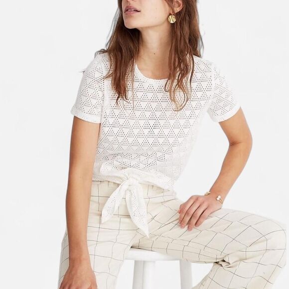 Madewell White eyelet Lace Knotted Short Sleeve Shirt – Size Small - Picture 5 of 7